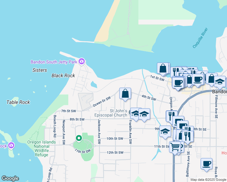 map of restaurants, bars, coffee shops, grocery stores, and more near 820 Ocean Drive Southwest in Bandon