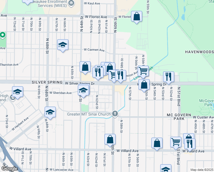 map of restaurants, bars, coffee shops, grocery stores, and more near 6041 West Silver Spring Drive Frontage Road in Milwaukee