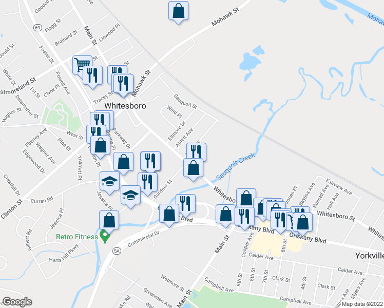 map of restaurants, bars, coffee shops, grocery stores, and more near 5 Davis Avenue in Whitesboro