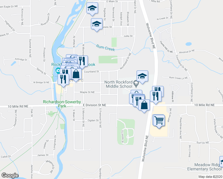 map of restaurants, bars, coffee shops, grocery stores, and more near 24 South Dayton Street in Rockford
