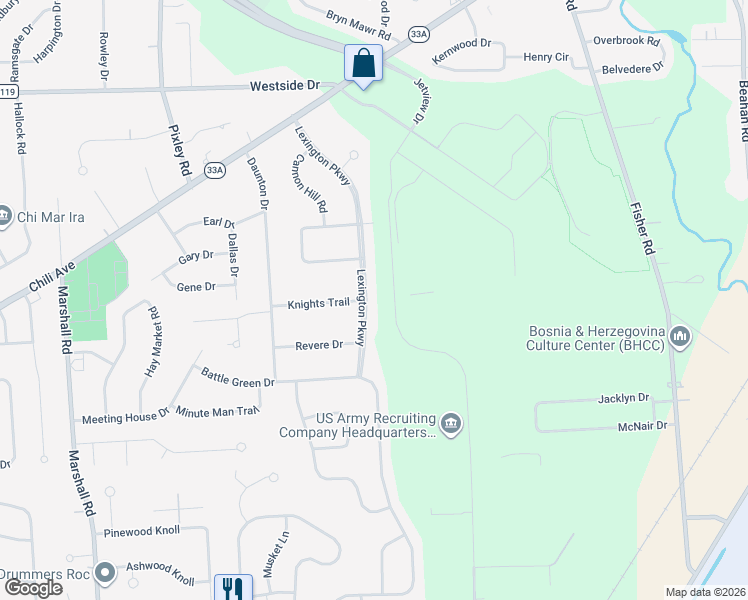 map of restaurants, bars, coffee shops, grocery stores, and more near 50 Lexington Parkway in Rochester