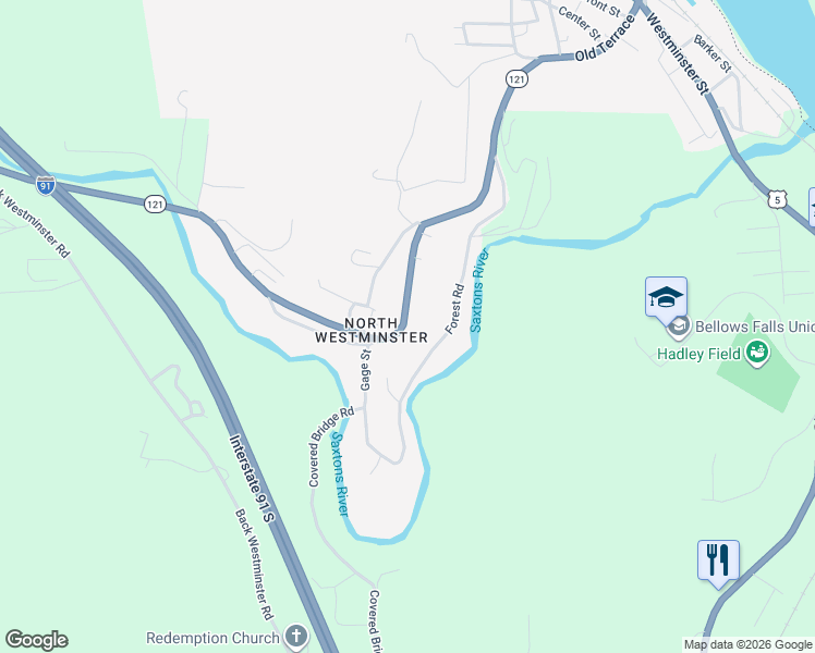 map of restaurants, bars, coffee shops, grocery stores, and more near 539 Vermont 121 in Westminster