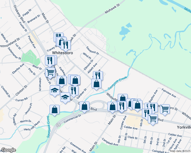 map of restaurants, bars, coffee shops, grocery stores, and more near 32 Main Street in Whitesboro