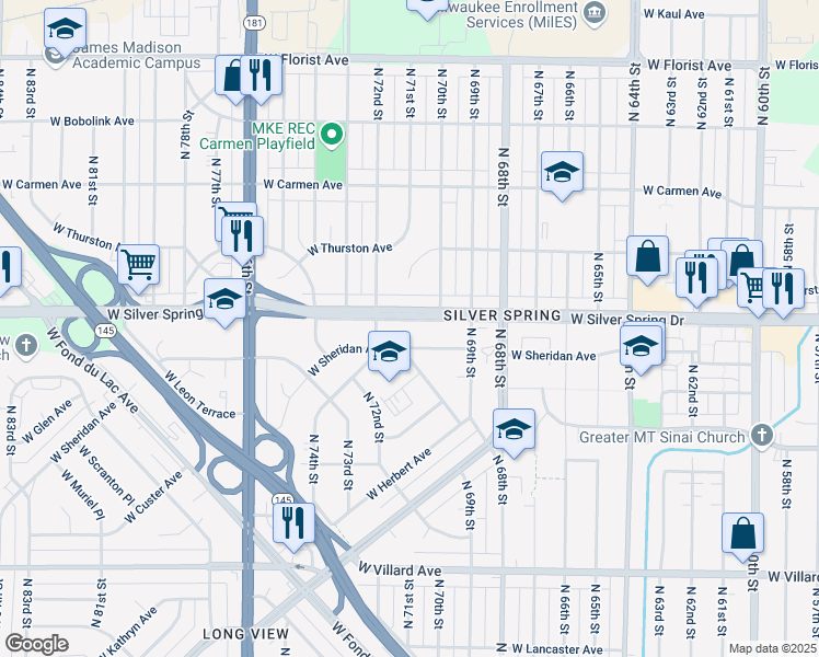 map of restaurants, bars, coffee shops, grocery stores, and more near 7015 West Silver Spring Drive Frontage Road in Milwaukee