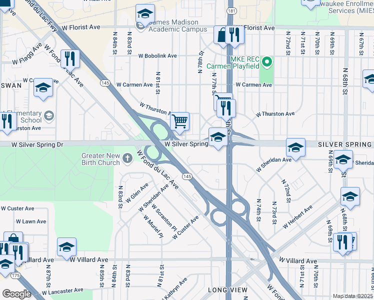 map of restaurants, bars, coffee shops, grocery stores, and more near 7825 West Silver Spring Drive in Milwaukee