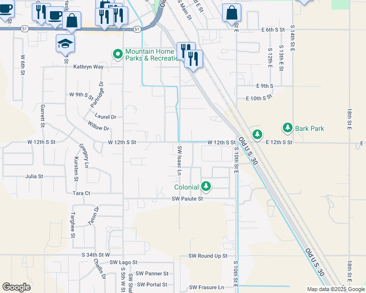 map of restaurants, bars, coffee shops, grocery stores, and more near 800 Southwest Isaac Lane in Mountain Home