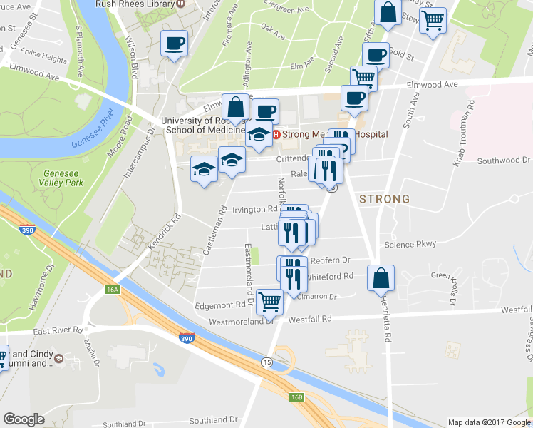 map of restaurants, bars, coffee shops, grocery stores, and more near 121 Irvington Road in Rochester