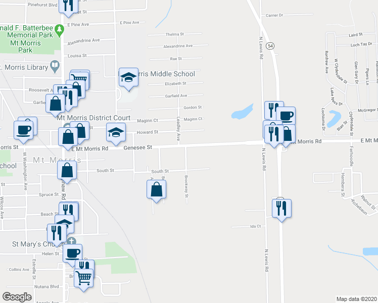 map of restaurants, bars, coffee shops, grocery stores, and more near 1280 East Mount Morris Road in Mount Morris
