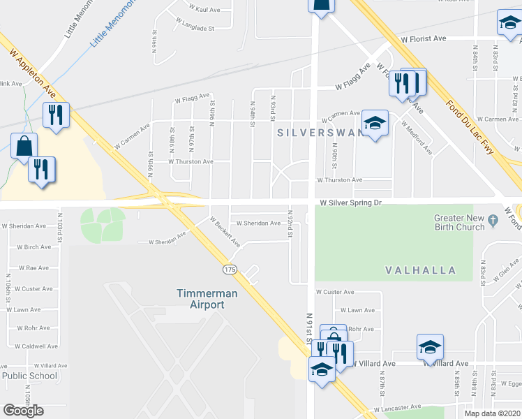 map of restaurants, bars, coffee shops, grocery stores, and more near 9319 West Silver Spring Drive in Milwaukee