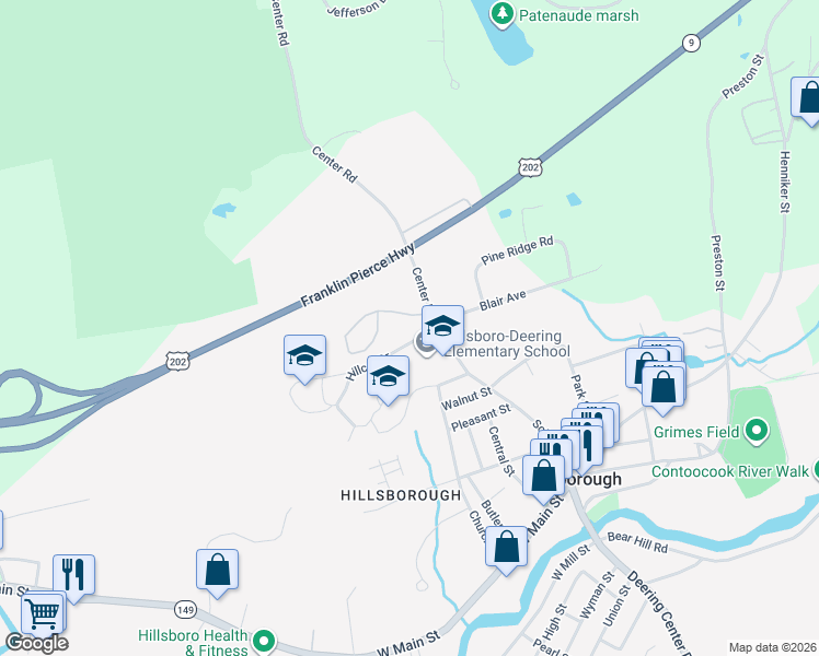 map of restaurants, bars, coffee shops, grocery stores, and more near 2 Center Road in Hillsboro