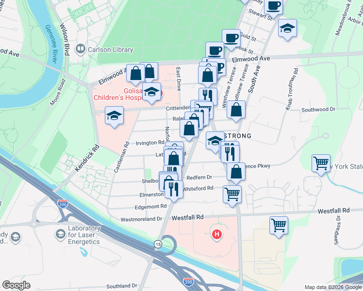 map of restaurants, bars, coffee shops, grocery stores, and more near 56 Lattimore Road in Rochester