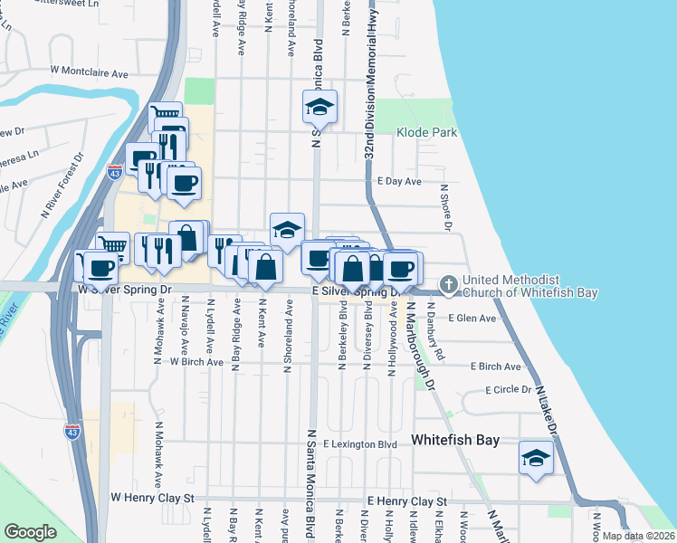 map of restaurants, bars, coffee shops, grocery stores, and more near 401 East Beaumont Avenue in Whitefish Bay