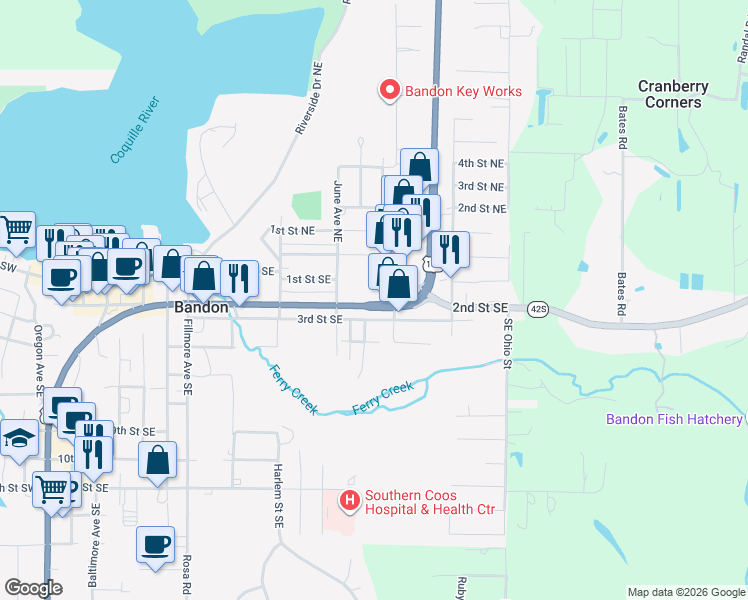 map of restaurants, bars, coffee shops, grocery stores, and more near 955 2nd Street Southeast in Bandon