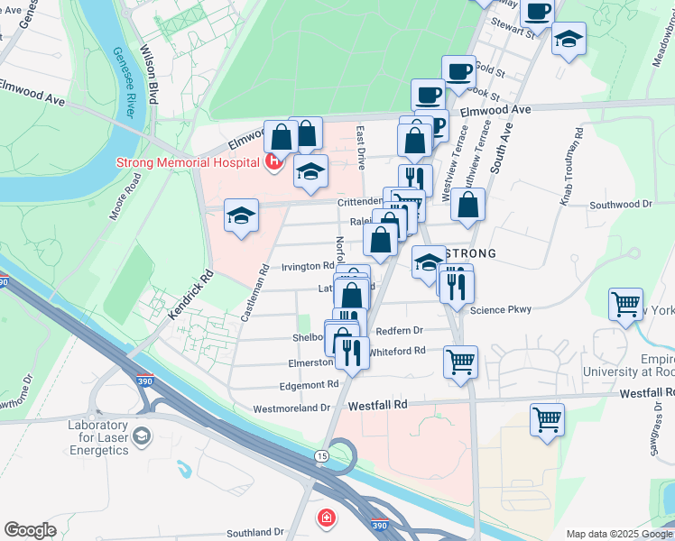 map of restaurants, bars, coffee shops, grocery stores, and more near 91 Irvington Road in Rochester
