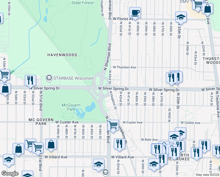 map of restaurants, bars, coffee shops, grocery stores, and more near W Silver Spring Dr & N 43rd St in Milwaukee