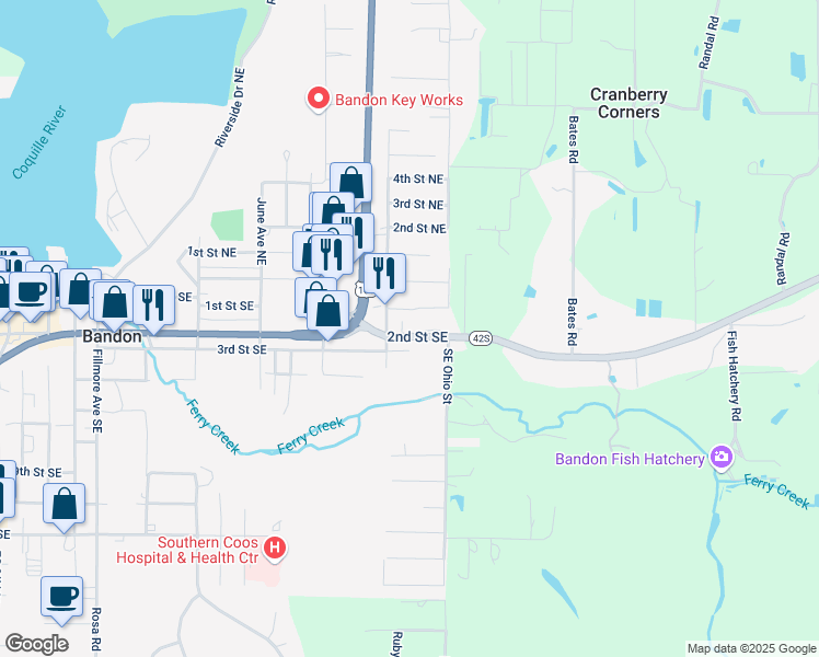 map of restaurants, bars, coffee shops, grocery stores, and more near 1110 2nd Street Southeast in Bandon