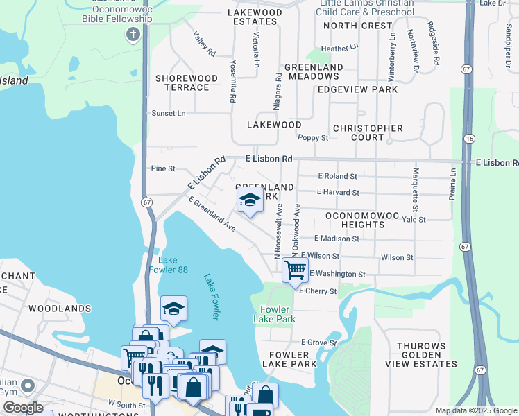map of restaurants, bars, coffee shops, grocery stores, and more near 440 East Coolidge Street in Oconomowoc