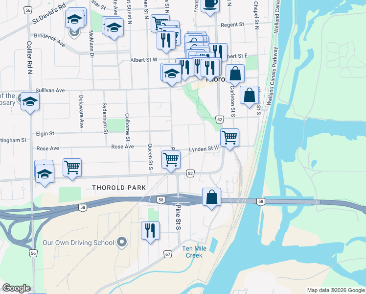map of restaurants, bars, coffee shops, grocery stores, and more near 24 Lynden Street West in Thorold
