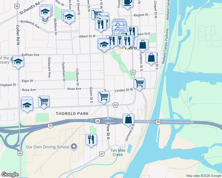 map of restaurants, bars, coffee shops, grocery stores, and more near 24 Lyndon Street West in Thorold