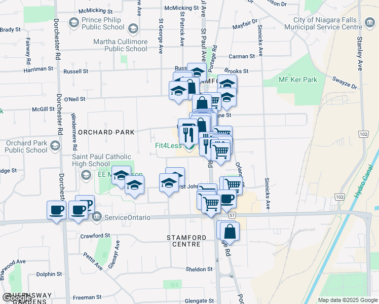 map of restaurants, bars, coffee shops, grocery stores, and more near 3701 Portage Road in Niagara Falls