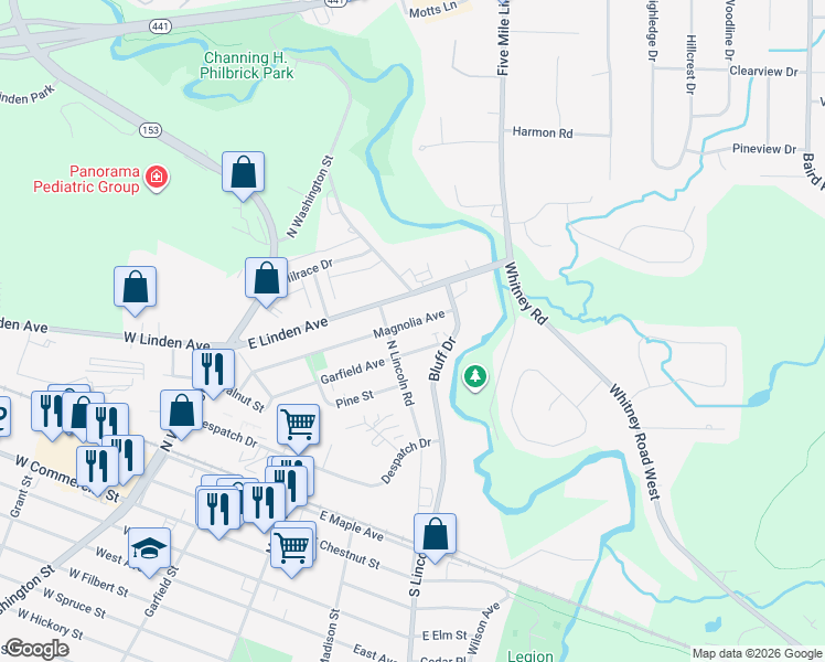 map of restaurants, bars, coffee shops, grocery stores, and more near 407 Garfield Avenue in East Rochester