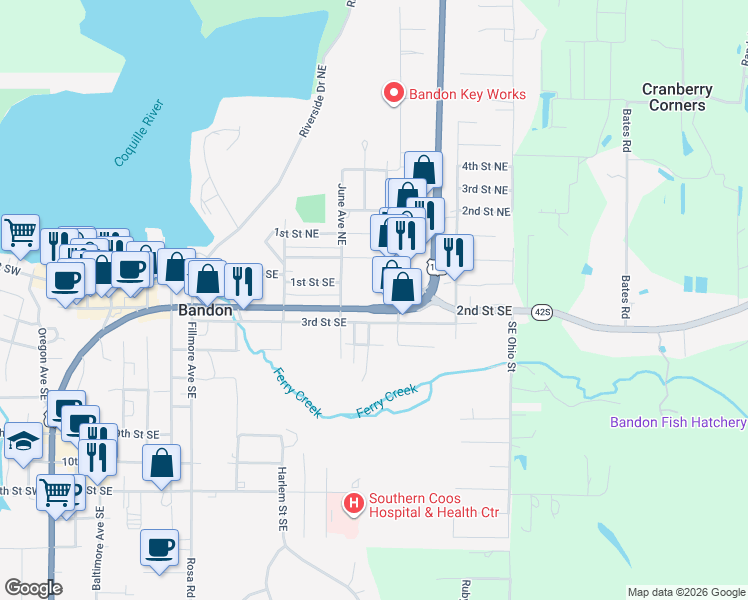 map of restaurants, bars, coffee shops, grocery stores, and more near 955 2nd Street Southeast in Bandon