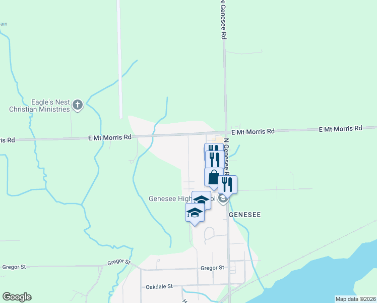 map of restaurants, bars, coffee shops, grocery stores, and more near Roger Thomas Drive in Genesee charter Township