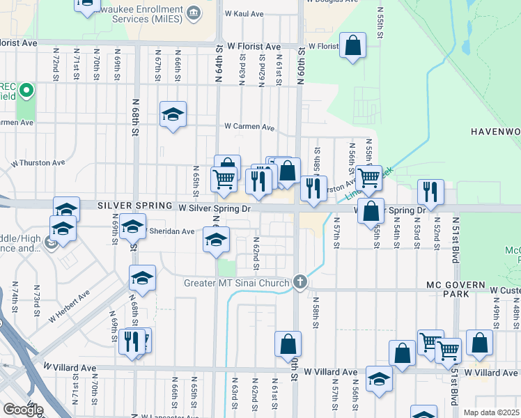 map of restaurants, bars, coffee shops, grocery stores, and more near W Silver Spring Dr & N 62nd St in Milwaukee