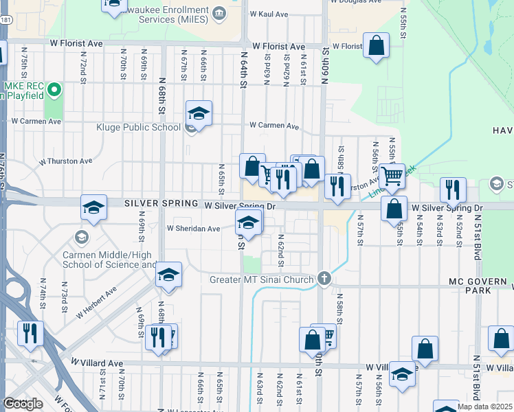 map of restaurants, bars, coffee shops, grocery stores, and more near 6331 West Silver Spring Drive in Milwaukee