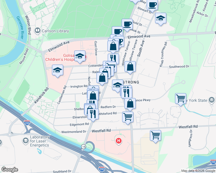 map of restaurants, bars, coffee shops, grocery stores, and more near 1570 Mount Hope Avenue in Rochester