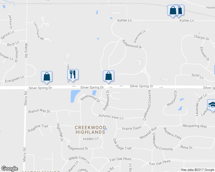 map of restaurants, bars, coffee shops, grocery stores, and more near 16743 Ridgewood Drive in Menomonee Falls