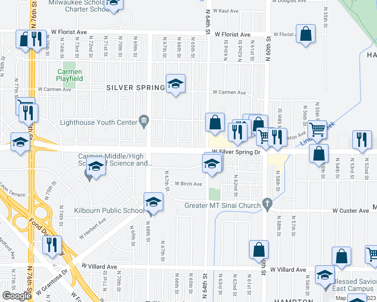 map of restaurants, bars, coffee shops, grocery stores, and more near 6525 West Silver Spring Drive in Milwaukee