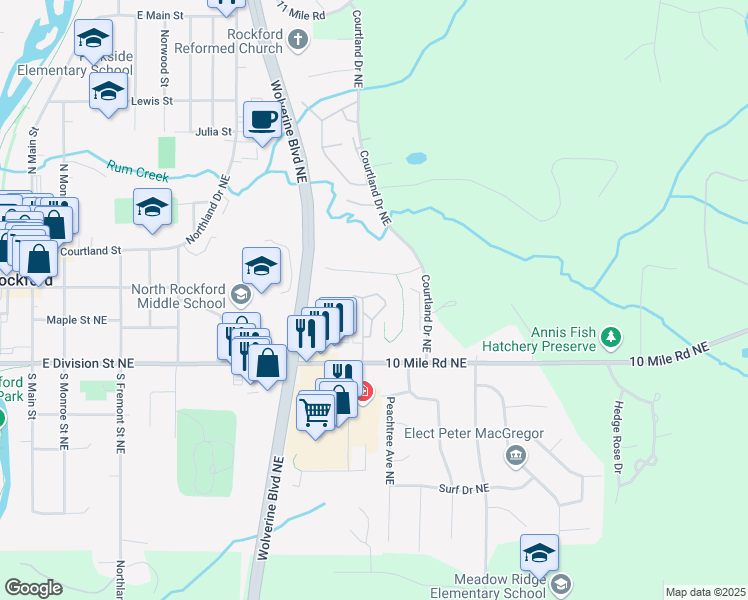 map of restaurants, bars, coffee shops, grocery stores, and more near 613 Hillview Place in Rockford