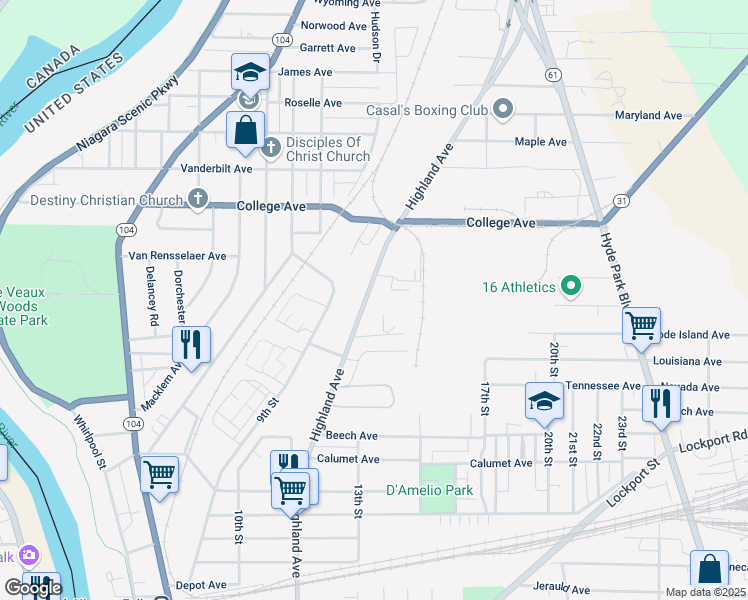 map of restaurants, bars, coffee shops, grocery stores, and more near 3501 Highland Avenue in Niagara Falls