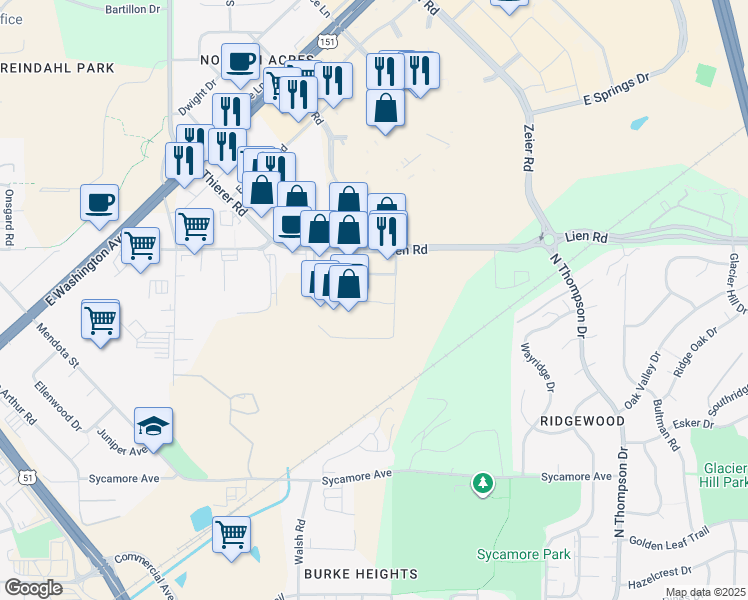 map of restaurants, bars, coffee shops, grocery stores, and more near 4301 Lien Road in Madison