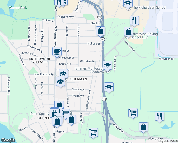map of restaurants, bars, coffee shops, grocery stores, and more near 1942 Schlimgen Avenue in Madison