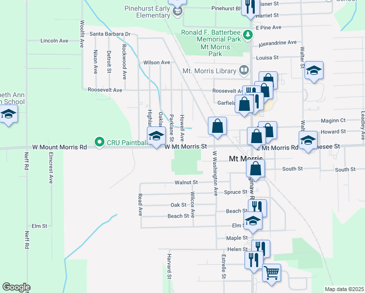 map of restaurants, bars, coffee shops, grocery stores, and more near West Mount Morris Street in Mount Morris
