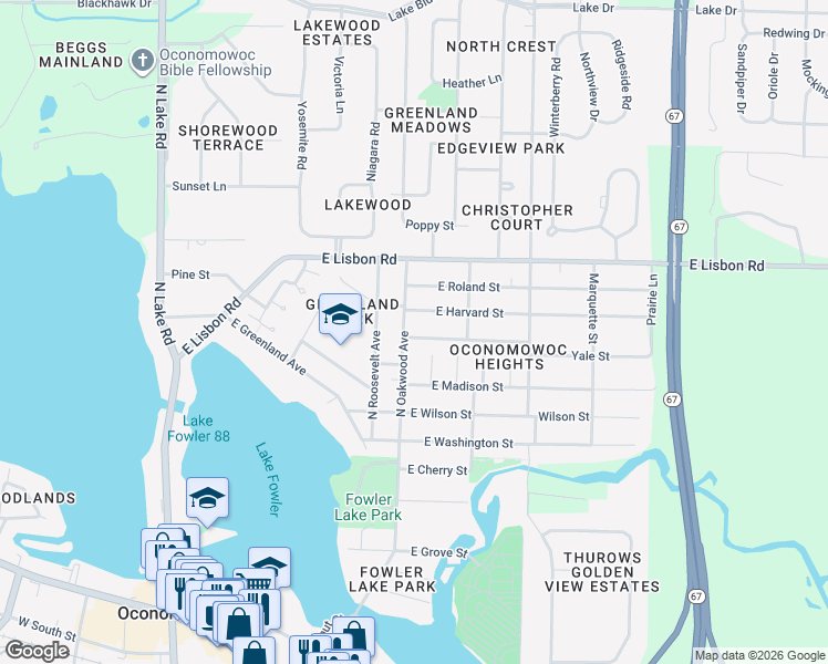 map of restaurants, bars, coffee shops, grocery stores, and more near 631 East Sherman Avenue in Oconomowoc