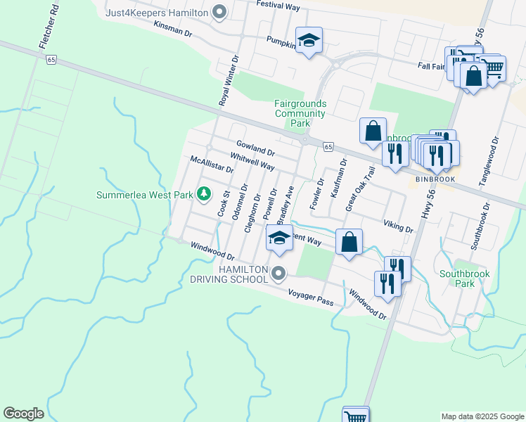 map of restaurants, bars, coffee shops, grocery stores, and more near 80 Powell Drive in Hamilton
