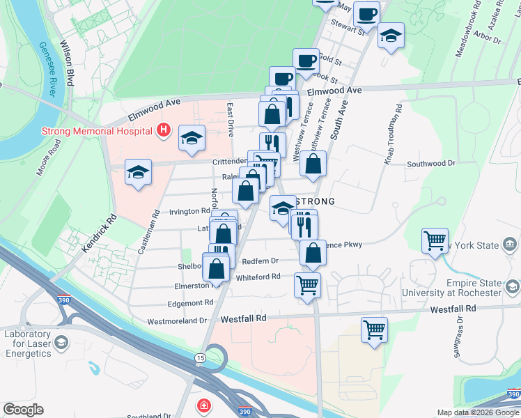 map of restaurants, bars, coffee shops, grocery stores, and more near 101 East Henrietta Road in Rochester