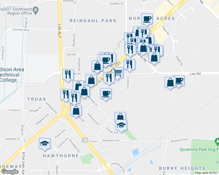 map of restaurants, bars, coffee shops, grocery stores, and more near 3841 E Washington Ave in Madison