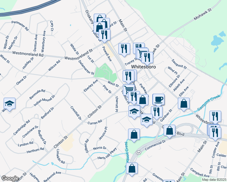 map of restaurants, bars, coffee shops, grocery stores, and more near 14 Tharratt Place in Whitesboro