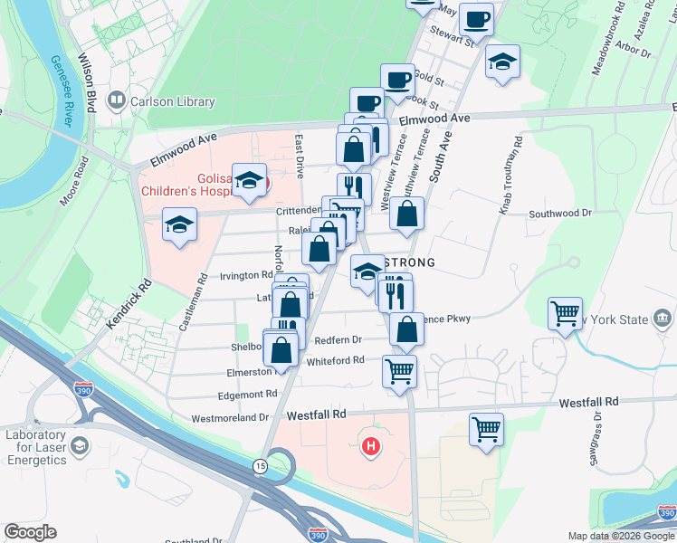 map of restaurants, bars, coffee shops, grocery stores, and more near 101 East Henrietta Road in Rochester