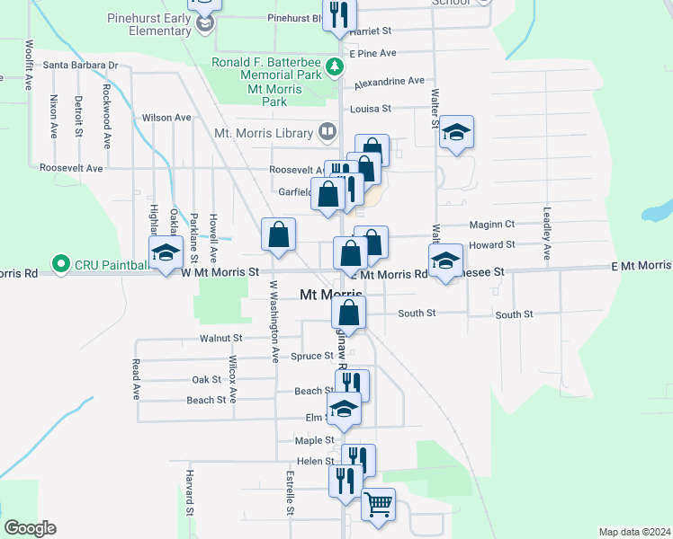 map of restaurants, bars, coffee shops, grocery stores, and more near 716 East Mount Morris Road in Mount Morris