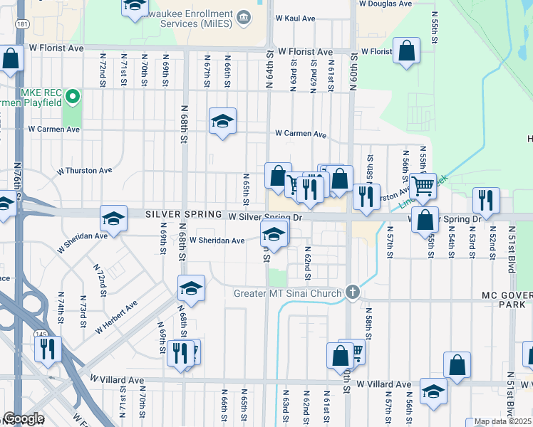 map of restaurants, bars, coffee shops, grocery stores, and more near 5557 North 64th Street in Milwaukee