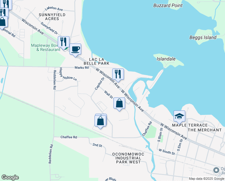 map of restaurants, bars, coffee shops, grocery stores, and more near 1325 Wall Street in Oconomowoc