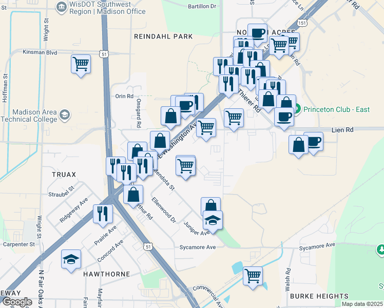map of restaurants, bars, coffee shops, grocery stores, and more near 3841 E Washington Ave in Madison