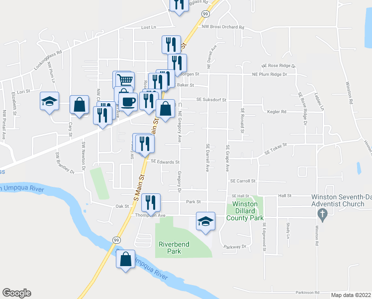 map of restaurants, bars, coffee shops, grocery stores, and more near 182 Gregory Drive in Winston