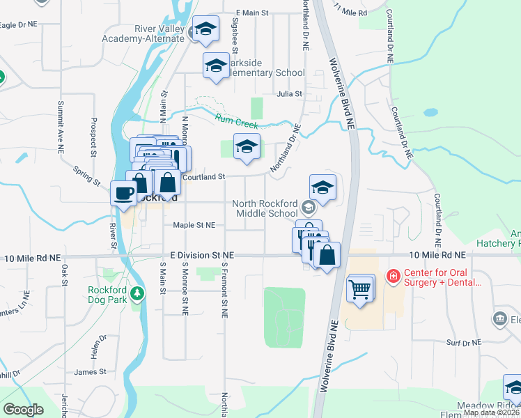 map of restaurants, bars, coffee shops, grocery stores, and more near 24 South Dayton Street in Rockford