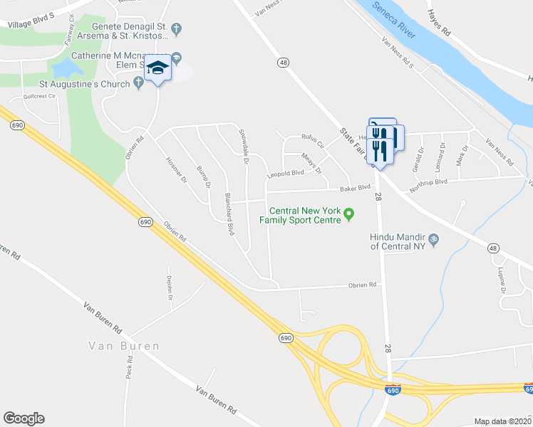 map of restaurants, bars, coffee shops, grocery stores, and more near 204 Leopold Boulevard in Syracuse